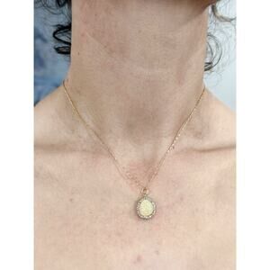 Gold Tone, Opal Like Pendant, CZ Accents Oval Pendant, Chain Adjustable